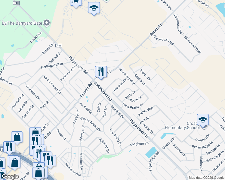 map of restaurants, bars, coffee shops, grocery stores, and more near 602 Fox Glen Drive in Forney