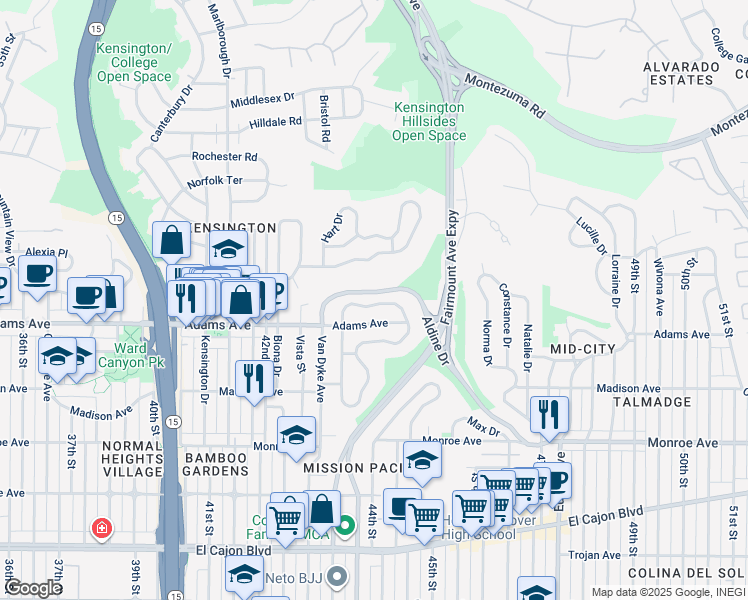 map of restaurants, bars, coffee shops, grocery stores, and more near 4354 North Talmadge Drive in San Diego