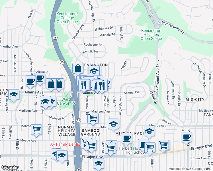 map of restaurants, bars, coffee shops, grocery stores, and more near 4734 Biona Drive in San Diego