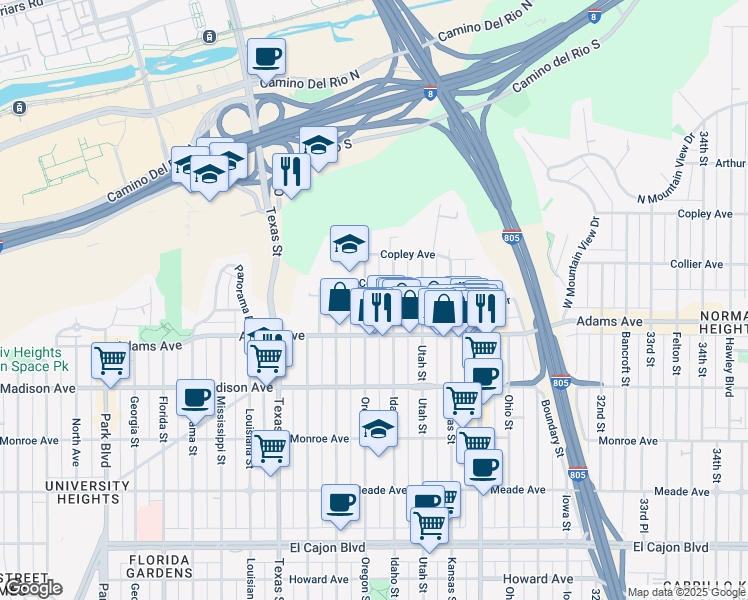 map of restaurants, bars, coffee shops, grocery stores, and more near 4785 Oregon Street in San Diego