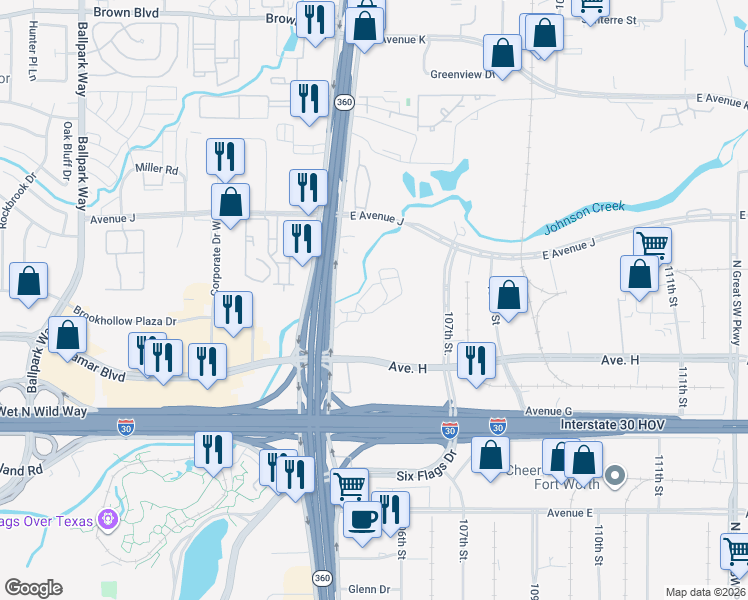 map of restaurants, bars, coffee shops, grocery stores, and more near 1050 North Highway 360 in Grand Prairie