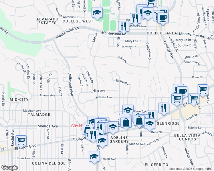 map of restaurants, bars, coffee shops, grocery stores, and more near 5490 New Mills Road in San Diego