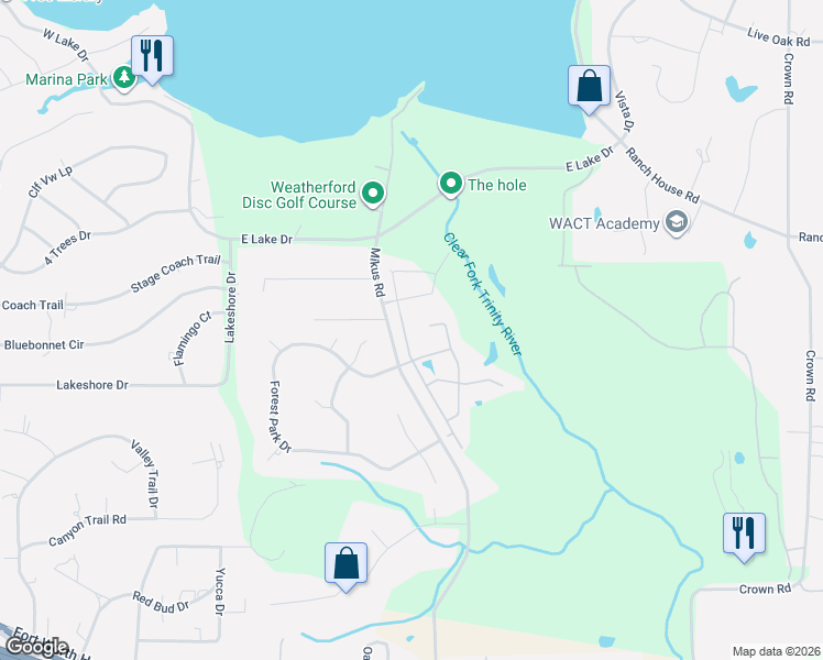 map of restaurants, bars, coffee shops, grocery stores, and more near 1214 Thistle Hill Tr in Weatherford