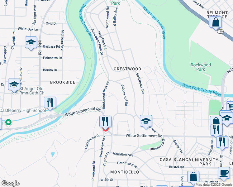 map of restaurants, bars, coffee shops, grocery stores, and more near 416 Crestwood Drive in Fort Worth