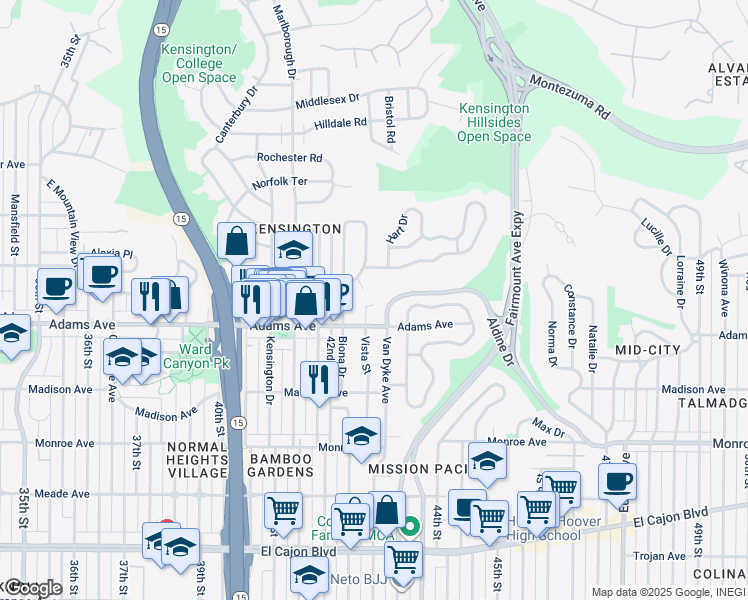 map of restaurants, bars, coffee shops, grocery stores, and more near 4750 Vista Street in San Diego