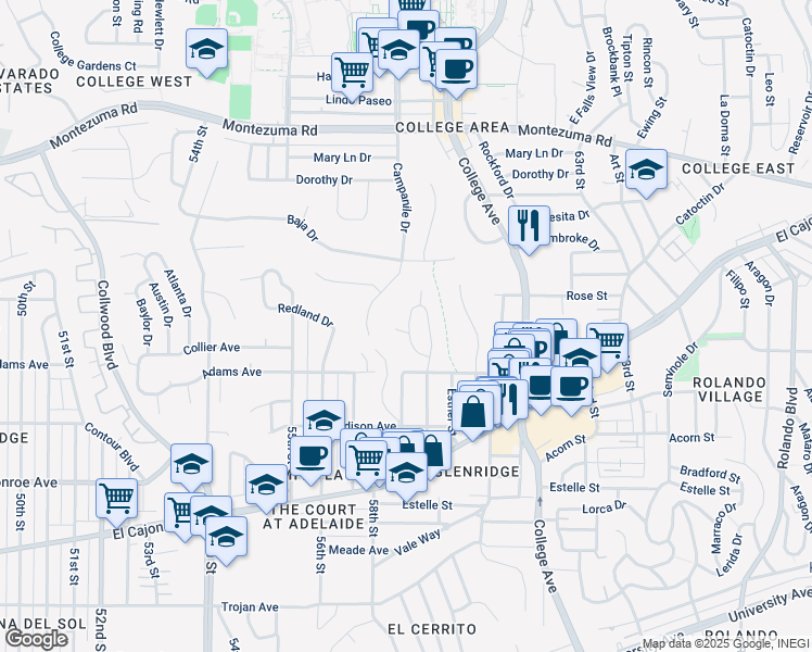 map of restaurants, bars, coffee shops, grocery stores, and more near 4802 Barbarossa Drive in San Diego