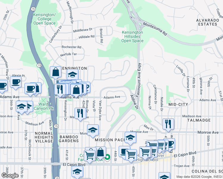 map of restaurants, bars, coffee shops, grocery stores, and more near 4344 North Talmadge Drive in San Diego