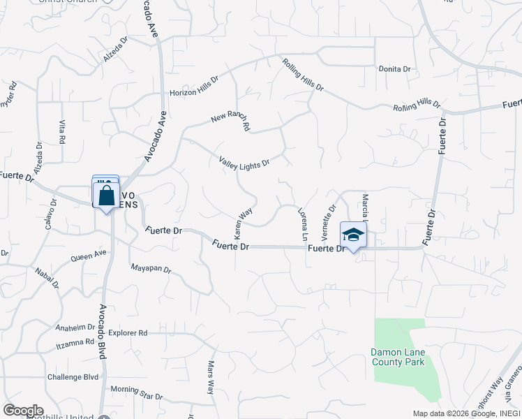 map of restaurants, bars, coffee shops, grocery stores, and more near 4731 Karen Way in El Cajon