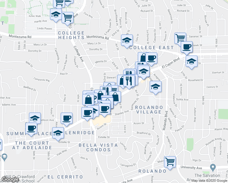 map of restaurants, bars, coffee shops, grocery stores, and more near 4739 63rd Street in San Diego