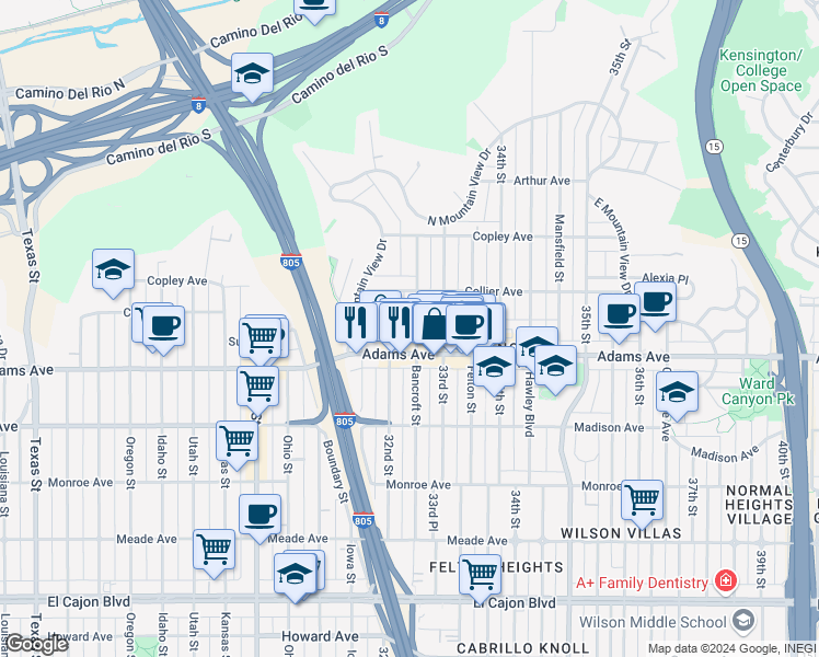 map of restaurants, bars, coffee shops, grocery stores, and more near 4741 32nd Street in San Diego