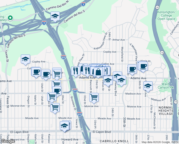 map of restaurants, bars, coffee shops, grocery stores, and more near 4741 32nd Street in San Diego