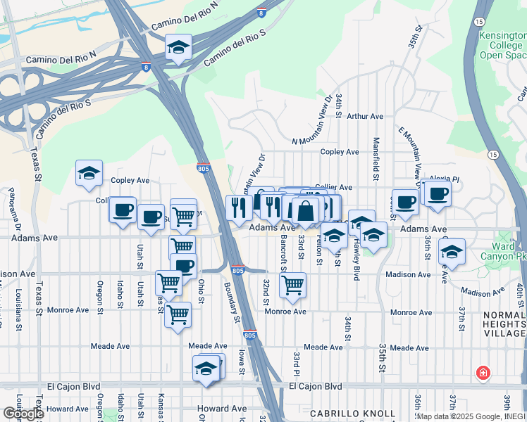 map of restaurants, bars, coffee shops, grocery stores, and more near 4741 32nd Street in San Diego