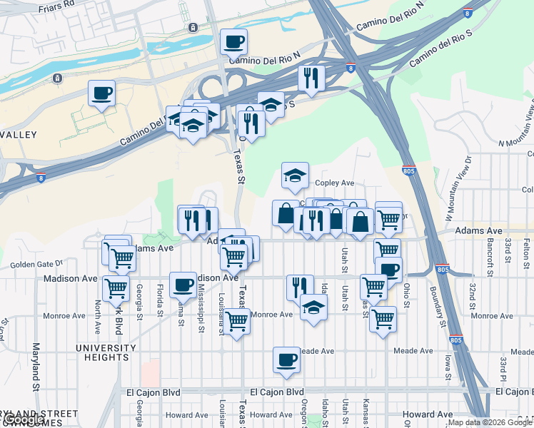 map of restaurants, bars, coffee shops, grocery stores, and more near 4780 Arizona Street in San Diego