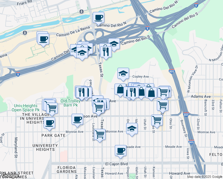 map of restaurants, bars, coffee shops, grocery stores, and more near 4780 Arizona Street in San Diego