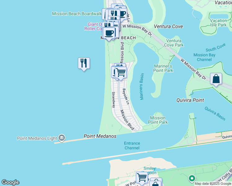 map of restaurants, bars, coffee shops, grocery stores, and more near 2847 Strandway in San Diego