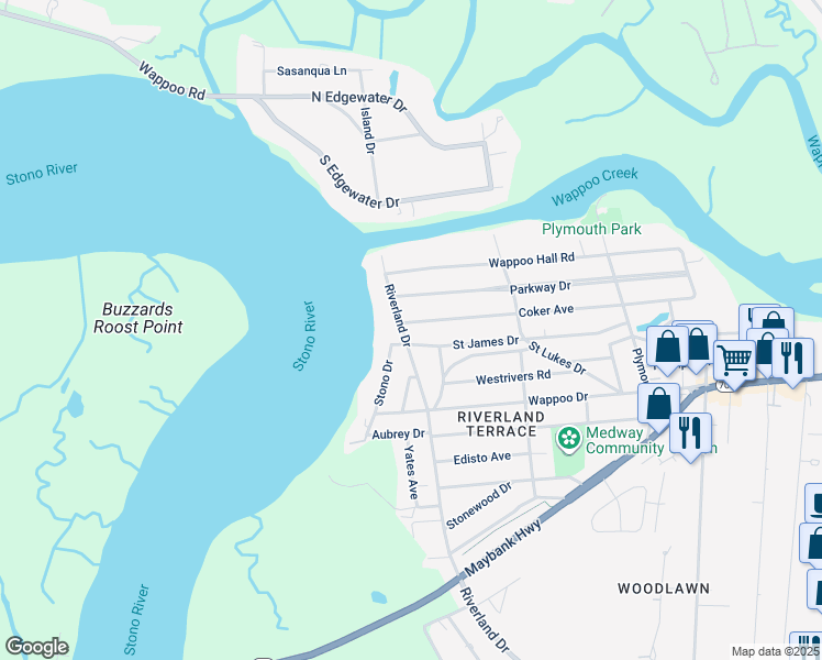 map of restaurants, bars, coffee shops, grocery stores, and more near 2191A Coker Avenue in Charleston