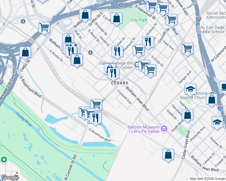 map of restaurants, bars, coffee shops, grocery stores, and more near 2027 Cockrell Avenue in Dallas