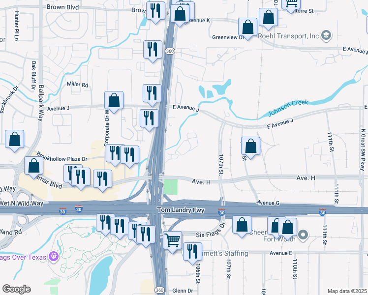 map of restaurants, bars, coffee shops, grocery stores, and more near 1050 North Highway 360 in Grand Prairie