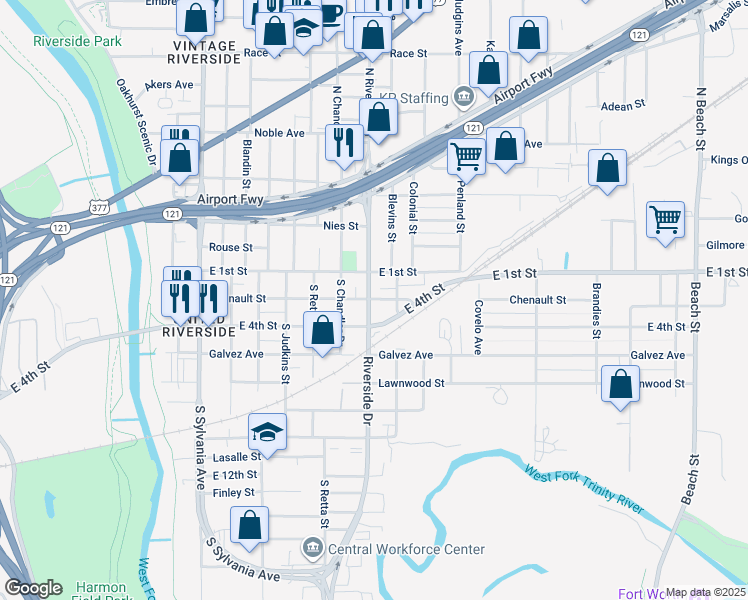 map of restaurants, bars, coffee shops, grocery stores, and more near 120 Riverside Drive in Fort Worth