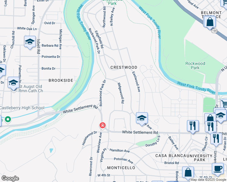 map of restaurants, bars, coffee shops, grocery stores, and more near 416 Crestwood Drive in Fort Worth