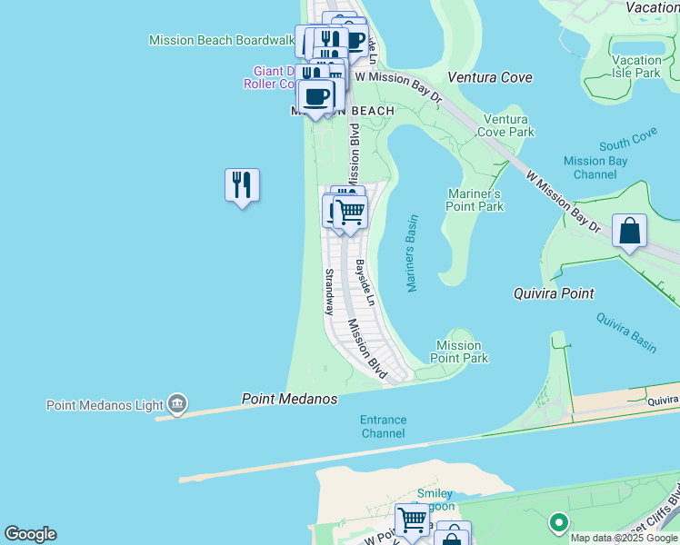 map of restaurants, bars, coffee shops, grocery stores, and more near 2826 Mission Boulevard in San Diego