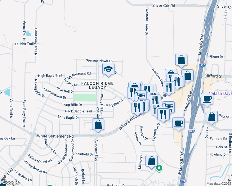 map of restaurants, bars, coffee shops, grocery stores, and more near 9708 Westmere Lane in Fort Worth