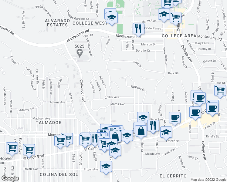 map of restaurants, bars, coffee shops, grocery stores, and more near 4776 54th Street in San Diego