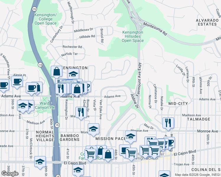map of restaurants, bars, coffee shops, grocery stores, and more near 4344 North Talmadge Drive in San Diego