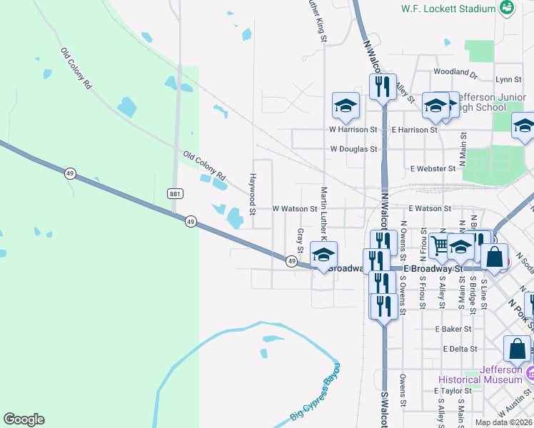 map of restaurants, bars, coffee shops, grocery stores, and more near 801 West Watson Street in Jefferson