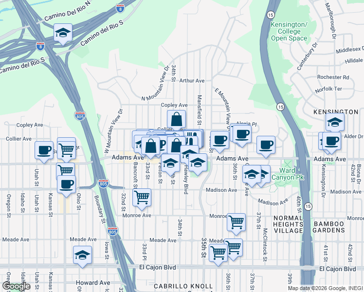 map of restaurants, bars, coffee shops, grocery stores, and more near 4732 Hawley Boulevard in San Diego