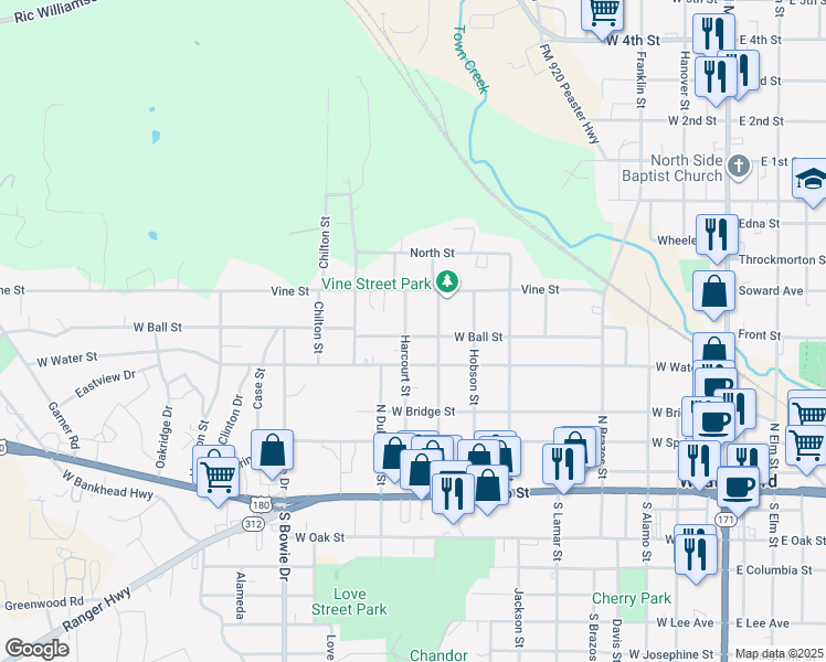 map of restaurants, bars, coffee shops, grocery stores, and more near 507 North Merrimac Street in Weatherford