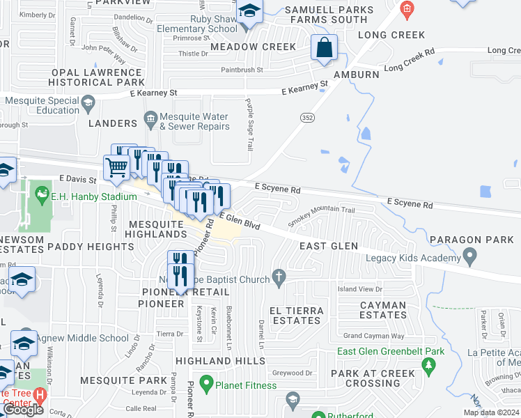 map of restaurants, bars, coffee shops, grocery stores, and more near 1527 Charleston Cove in Mesquite
