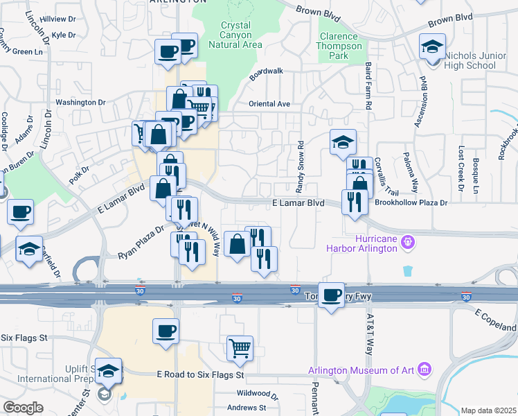 map of restaurants, bars, coffee shops, grocery stores, and more near 1200 East Lamar Boulevard in Arlington