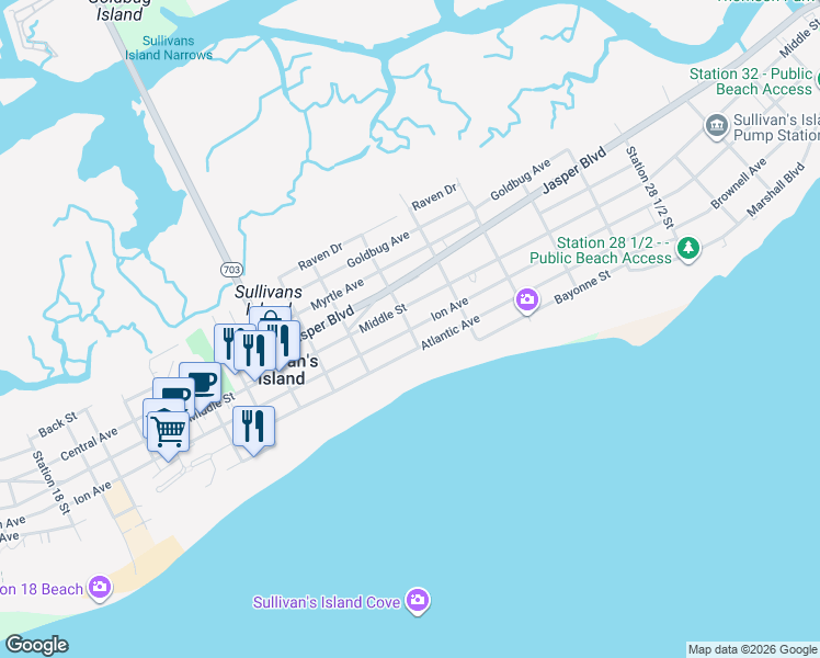 map of restaurants, bars, coffee shops, grocery stores, and more near Ion Avenue in Sullivan's Island