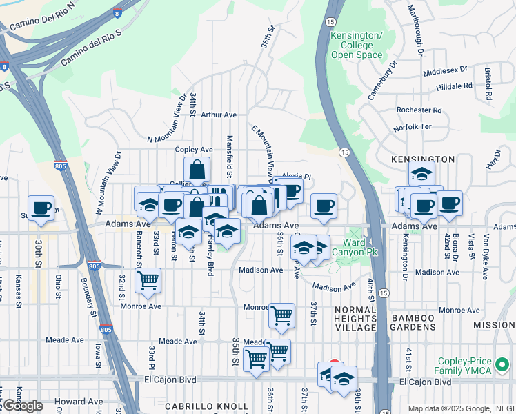 map of restaurants, bars, coffee shops, grocery stores, and more near 4740 Wilson Avenue in San Diego