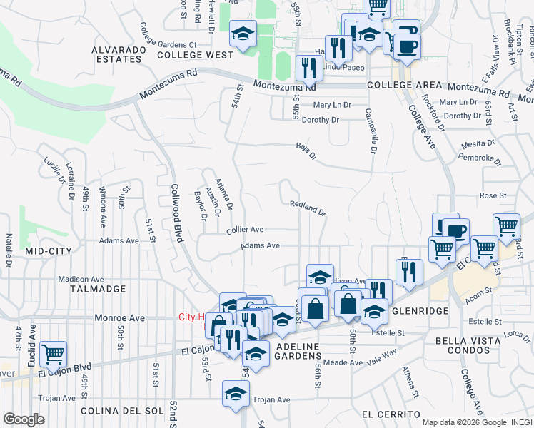 map of restaurants, bars, coffee shops, grocery stores, and more near 5490 New Mills Road in San Diego