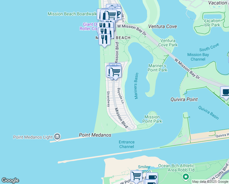 map of restaurants, bars, coffee shops, grocery stores, and more near 2829 Mission Boulevard in San Diego