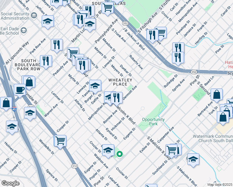 map of restaurants, bars, coffee shops, grocery stores, and more near 2827 Casey Street in Dallas