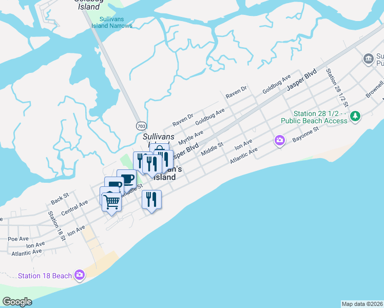 map of restaurants, bars, coffee shops, grocery stores, and more near 2314 Jasper Boulevard in Sullivan's Island