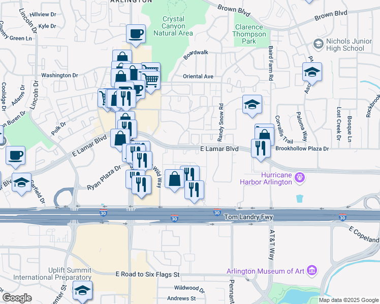 map of restaurants, bars, coffee shops, grocery stores, and more near 1224 East Lamar Boulevard in Arlington