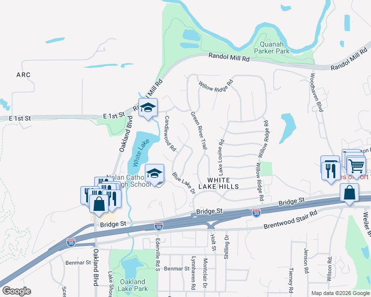 map of restaurants, bars, coffee shops, grocery stores, and more near 701 Blue Lake Drive in Fort Worth
