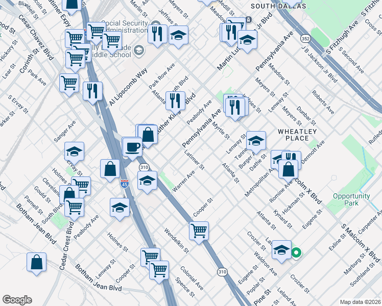 map of restaurants, bars, coffee shops, grocery stores, and more near 2505 Birmingham Avenue in Dallas