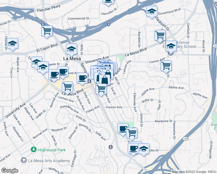map of restaurants, bars, coffee shops, grocery stores, and more near 8323 Lemon Avenue in La Mesa