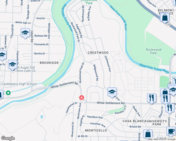 map of restaurants, bars, coffee shops, grocery stores, and more near 416 Crestwood Drive in Fort Worth