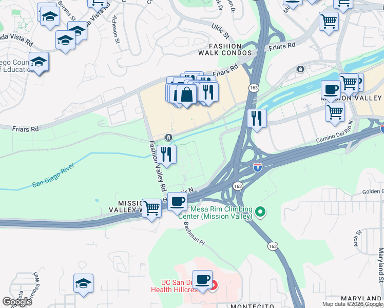 map of restaurants, bars, coffee shops, grocery stores, and more near Unnamed Road in San Diego