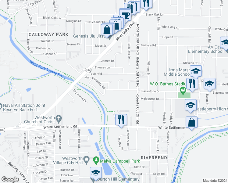 map of restaurants, bars, coffee shops, grocery stores, and more near 5503 Sam Calloway Road in Fort Worth