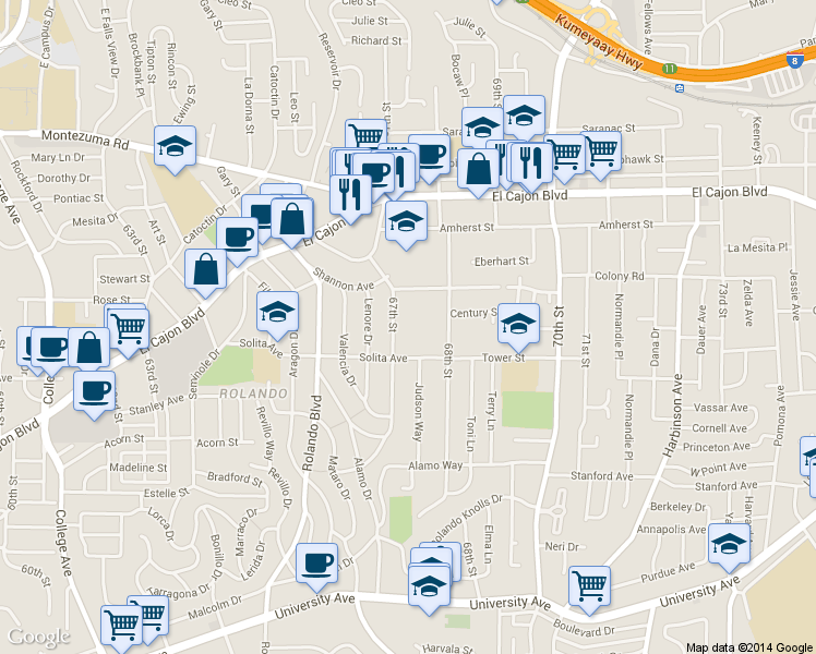 map of restaurants, bars, coffee shops, grocery stores, and more near 4751 67th Street in San Diego