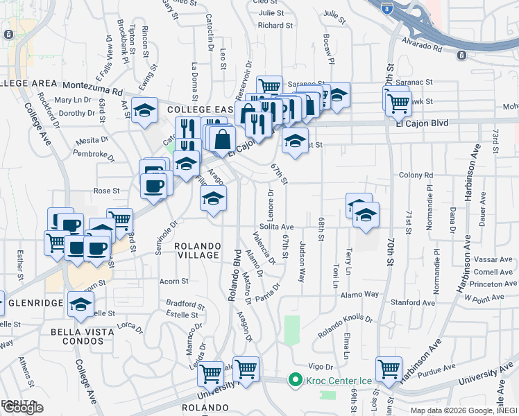 map of restaurants, bars, coffee shops, grocery stores, and more near 4748 Valencia Drive in San Diego