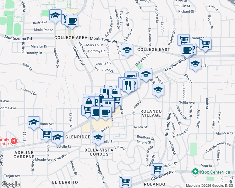 map of restaurants, bars, coffee shops, grocery stores, and more near 4739 63rd Street in San Diego