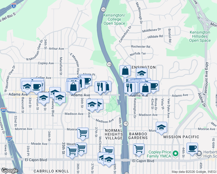 map of restaurants, bars, coffee shops, grocery stores, and more near 4846 Circle Drive in San Diego